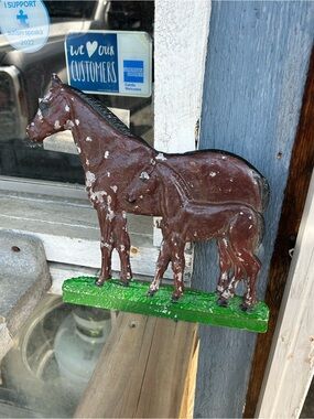 Rustic Brown Horse Cast Iron Figurine with Green Base - Home Art